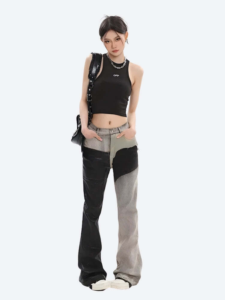 Style Core Aesthetics, New Style Trends - Y2K Grunge Patchwork Flare Pants Style Core Aesthetics, New Style Trends - Y2K Grunge Patchwork Flare Pants
