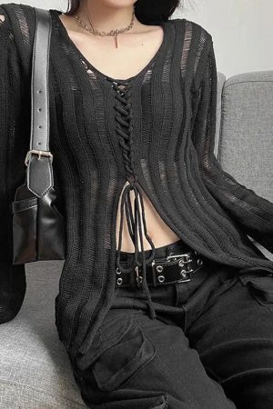 Style Core Aesthetics, New Style Trends - Y2K Grunge Sheer Lace Up Knitted Top