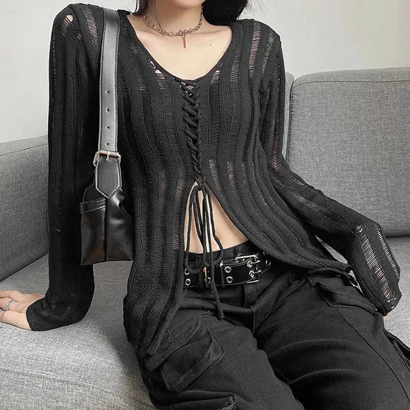 Style Core Aesthetics, New Style Trends - Y2K Grunge Sheer Lace Up Knitted Top