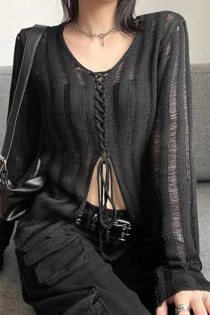 Style Core Aesthetics, New Style Trends - Y2K Grunge Sheer Lace Up Knitted Top