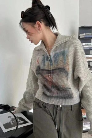 Style Core Aesthetics, New Style Trends - Y2K Half Zip-Up Knitted Sweater