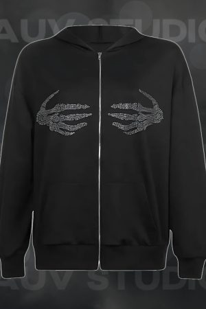 Style Core Aesthetics, New Style Trends - Y2K Skeleton Hands Hoodie