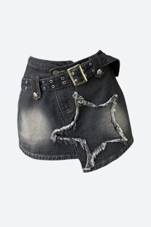 Style Core Aesthetics, New Style Trends - Y2K Star Asymmetric Denim Mini Skirt