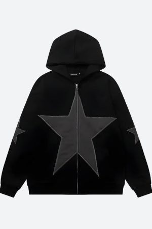 Style Core Aesthetics, New Style Trends - Y2K Star Patch Zip-Up Hoodie