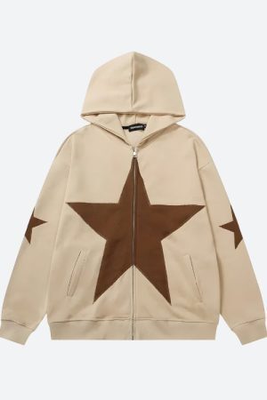 Style Core Aesthetics, New Style Trends - Y2K Star Patch Zip-Up Hoodie
