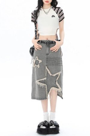 Style Core Aesthetics, New Style Trends - Y2K Star Patchwork Midi Skirt