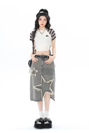 Style Core Aesthetics, New Style Trends - Y2K Star Patchwork Midi Skirt