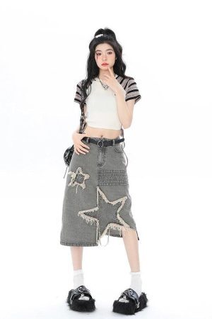 Style Core Aesthetics, New Style Trends - Y2K Star Patchwork Midi Skirt