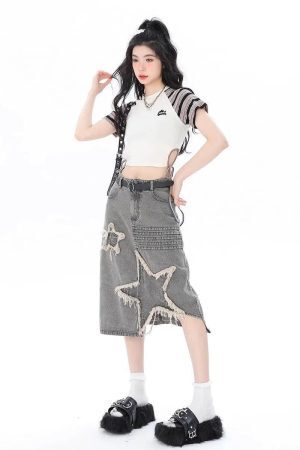 Style Core Aesthetics, New Style Trends - Y2K Star Patchwork Midi Skirt