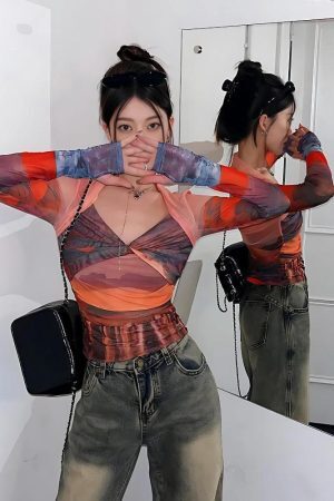 Style Core Aesthetics, New Style Trends - Y2K Sunset Mesh Top