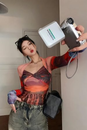 Style Core Aesthetics, New Style Trends - Y2K Sunset Mesh Top