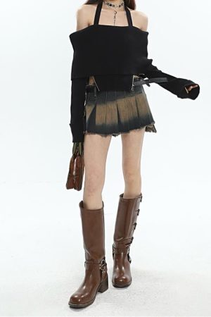 Style Core Aesthetics, New Style Trends - Y2K Tie At Side Distressed Mini Skirt
