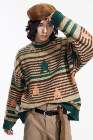 Style Core Aesthetics, New Style Trends - Y2K Vintage Stars Striped Knitted Sweater