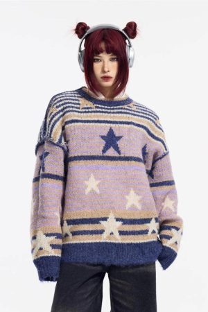 Style Core Aesthetics, New Style Trends - Y2K Vintage Stars Striped Knitted Sweater