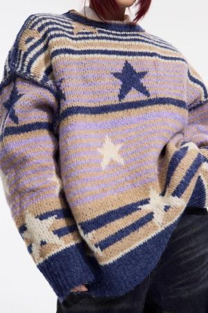 Style Core Aesthetics, New Style Trends - Y2K Vintage Stars Striped Knitted Sweater