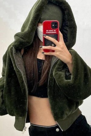 Style Core Aesthetics, New Style Trends - Zip Up Hooded Fuzzy Jacket