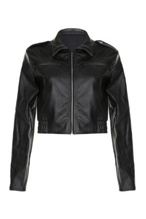 Style Core Aesthetics, New Style Trends - Zip Up Lapel Neck Leather Short Jacket