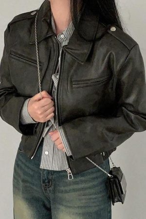Style Core Aesthetics, New Style Trends - Zip Up Lapel Neck Leather Short Jacket
