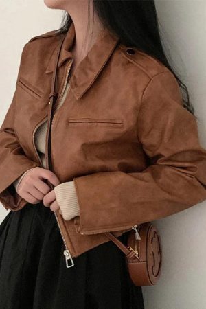 Style Core Aesthetics, New Style Trends - Zip Up Lapel Neck Leather Short Jacket