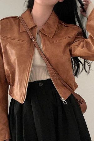 Style Core Aesthetics, New Style Trends - Zip Up Lapel Neck Leather Short Jacket