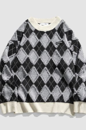 Style Core Aesthetics, New Style Trends Argyle Patchwork Printed Sweater