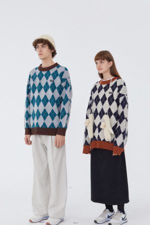 Style Core Aesthetics, New Style Trends Argyle Patchwork Printed Sweater