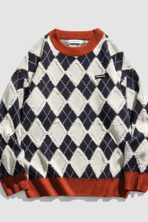 Style Core Aesthetics, New Style Trends Argyle Patchwork Printed Sweater