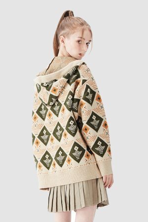 Style Core Aesthetics, New Style Trends Argyle Pattern Drawstring Hooded Sweater
