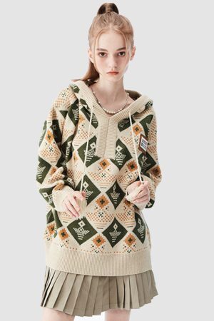 Style Core Aesthetics, New Style Trends Argyle Pattern Drawstring Hooded Sweater