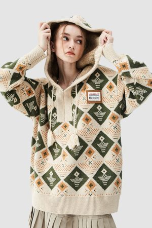 Style Core Aesthetics, New Style Trends Argyle Pattern Drawstring Hooded Sweater