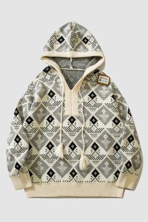 Style Core Aesthetics, New Style Trends Argyle Pattern Drawstring Hooded Sweater