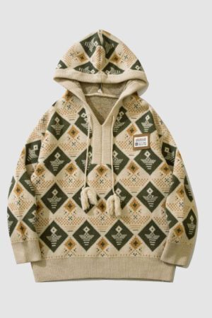 Style Core Aesthetics, New Style Trends Argyle Pattern Drawstring Hooded Sweater