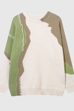 Style Core Aesthetics, New Style Trends Artistic Contrast Patchwork Knit Sweater
