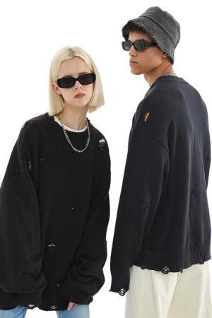 Style Core Aesthetics, New Style Trends Autumn/Winter Streetwear Distressed Knit Sweater