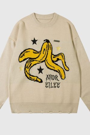 Style Core Aesthetics, New Style Trends Banana Letter Loose Knit Sweater