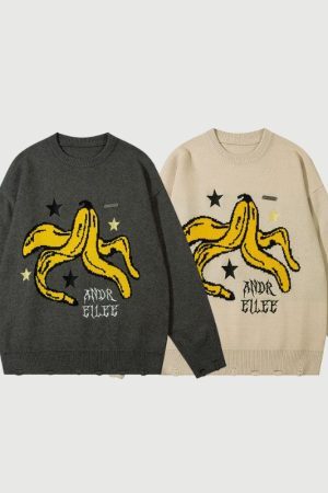 Style Core Aesthetics, New Style Trends Banana Letter Loose Knit Sweater