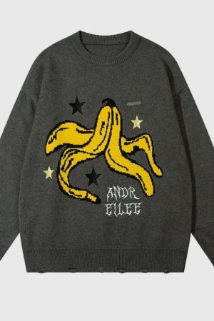 Style Core Aesthetics, New Style Trends Banana Letter Loose Knit Sweater