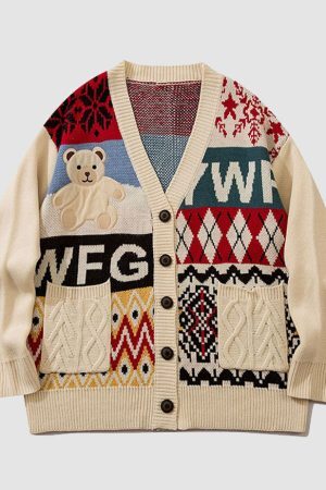 Style Core Aesthetics, New Style Trends Bear & Argyle Pattern Stitching Cardigan Sweater