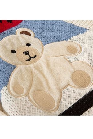 Style Core Aesthetics, New Style Trends Bear & Argyle Pattern Stitching Cardigan Sweater