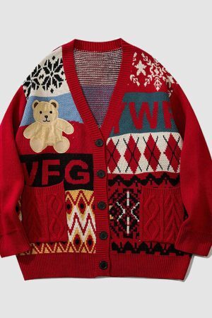 Style Core Aesthetics, New Style Trends Bear & Argyle Pattern Stitching Cardigan Sweater