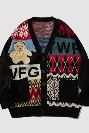 Style Core Aesthetics, New Style Trends Bear & Argyle Pattern Stitching Cardigan Sweater