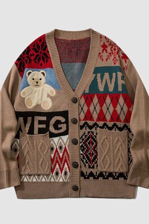 Style Core Aesthetics, New Style Trends Bear & Argyle Pattern Stitching Cardigan Sweater