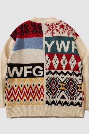 Style Core Aesthetics, New Style Trends Bear & Argyle Pattern Stitching Cardigan Sweater