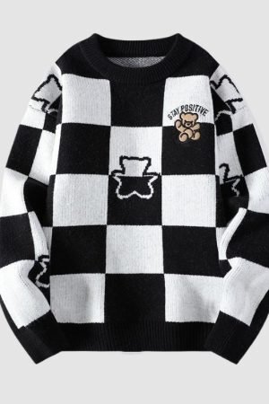 Style Core Aesthetics, New Style Trends Bear Embroidered Plaid Pullover