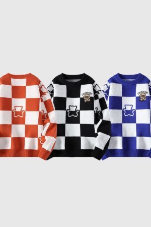 Style Core Aesthetics, New Style Trends Bear Embroidered Plaid Pullover