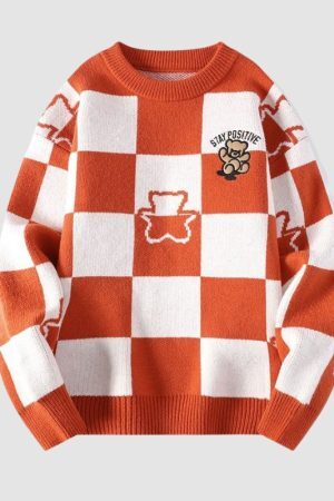 Style Core Aesthetics, New Style Trends Bear Embroidered Plaid Pullover