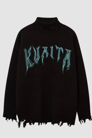 Style Core Aesthetics, New Style Trends Bear Pattern Raw Hem Turtleneck Sweater