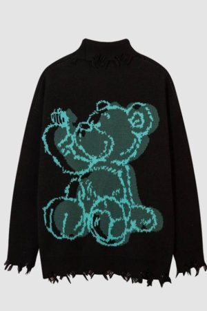 Style Core Aesthetics, New Style Trends Bear Pattern Raw Hem Turtleneck Sweater