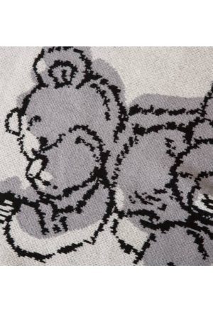 Style Core Aesthetics, New Style Trends Bear Pattern Raw Hem Turtleneck Sweater