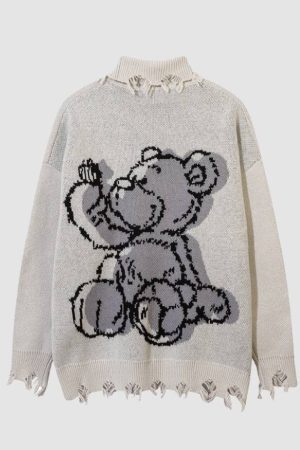 Style Core Aesthetics, New Style Trends Bear Pattern Raw Hem Turtleneck Sweater